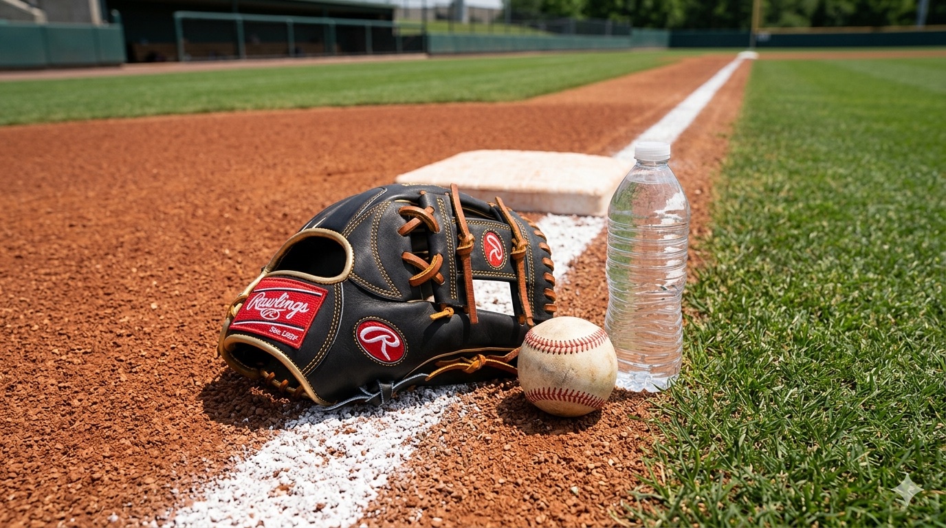 Baseball glove, ball, and water bottle on a field