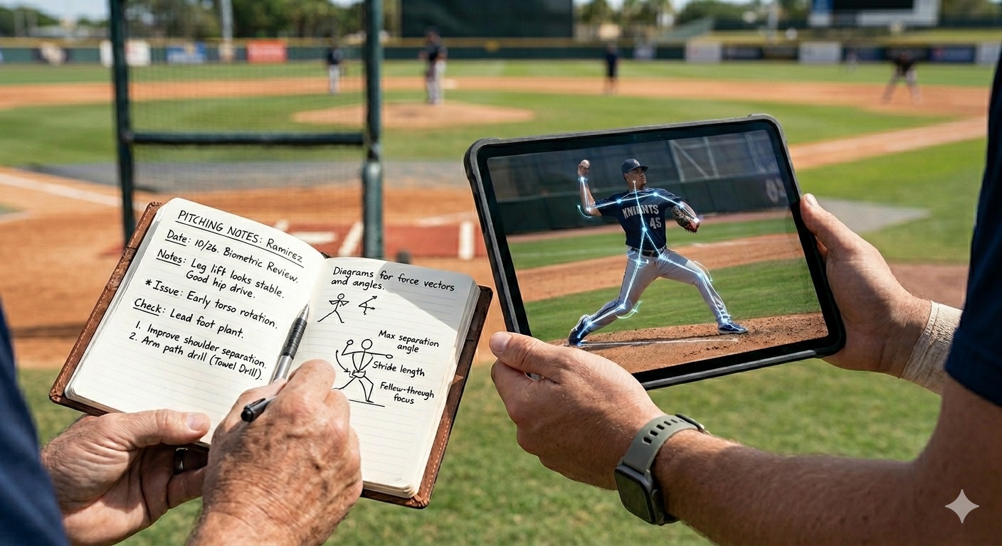 Tablet video review and pitching notes beside a baseball field